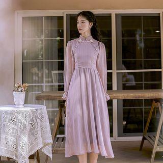 Bell-sleeve Stand Collar Midi A-line Dress