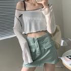 Long-sleeve T-shirt / Mini A-line Denim Skirt