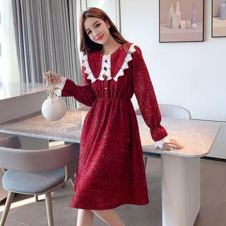 Long-sleeve Lace-panel Glitter Ruffled Dress