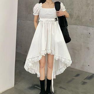 Short-sleeve Lace Trim Asymmetrical Midi A-line Dress