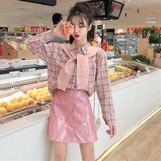 Detachable Knit Shawl Plaid Shirt / Patent A-line Mini Skirt