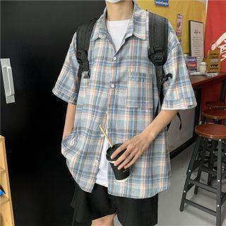 Elbow Sleeve Print Plaid Shirt