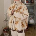 Bear Print Faux Shearing Zip Jacket Off-white - One Size