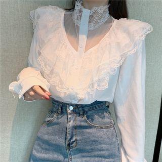 Long-sleeve Lace Trim Ruffle Blouse