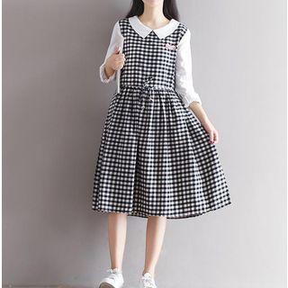 Long-sleeve Paneled Embroidered Check Dress