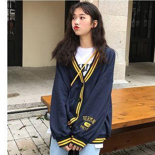 Striped Embroidered V-neck Cardigan