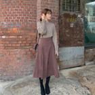 Band-waist Long Flare Skirt Brown - One Size