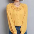 Pleated Collared Long Sleeve Chiffon Blouse