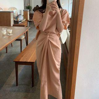 Short-sleeve Plain Sheath Dress Light Orange - One Size