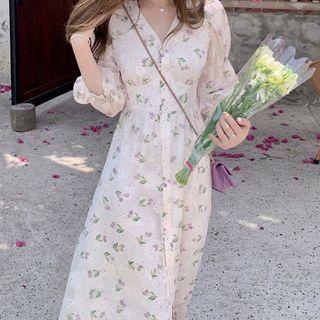 3/4-sleeve Floral Print Top / Midi A-line Dress