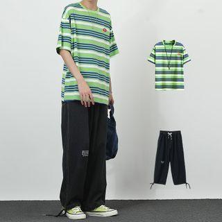 Set: Striped Elbow-sleeve T-shirt + Drawstring-cuff Straight-cut Pants