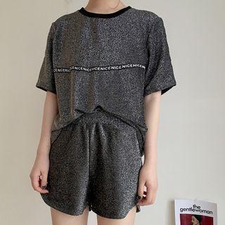 Set: Lettering Short-sleeve Glitter T-shirt + Shorts