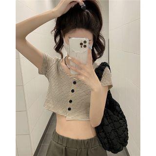 Short-sleeve Striped Knit Top Stripes - Almond & Black - One Size