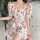 Square-neck Short-sleeve Cherry Print Dress
