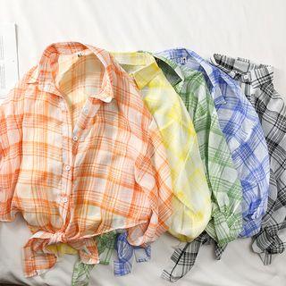 Tie-hem Checked Chiffon Shirt