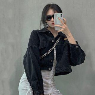 Denim Cropped Jacket / Spaghetti Strap Mini Bodycon Dress