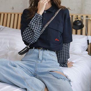 Mock Two-piece Plaid Panel Sweatshirt Dark Blue - One Size