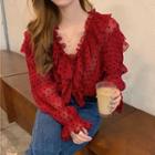 Puff-sleeve Dotted Ruffled Blouse Red - One Size