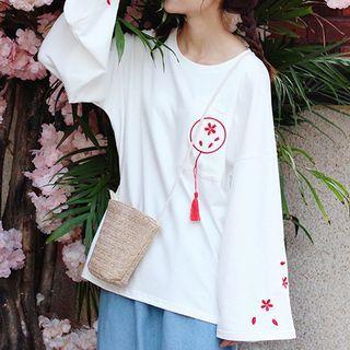 Bell-sleeve Floral Embroidered Tasseled T-shirt