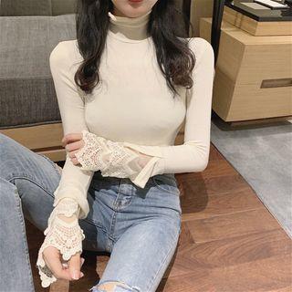 Turtle-neck Lace Long-sleeve Slim-fit Top