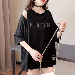 Cold-shoulder Rhinestone Lettering T-shirt