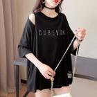 Cold-shoulder Rhinestone Lettering T-shirt
