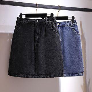 Elastic Waist Washed Denim A-line Skirt