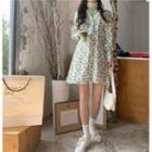 Turtleneck Plain T-shirt / Long-sleeve Lace Trim Floral Printed Dress