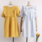 Ribbon-neckline Ruffled-trim A-line Dress