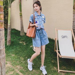 Short-sleeve Embroidered Denim Romper