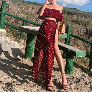 Set: Dotted Off-shoulder Crop Top + Maxi Skirt
