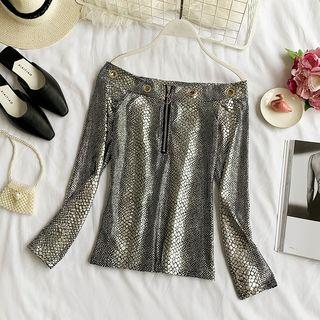 Off-shoulder Long-sleeve Snake Skin Print T-shirt