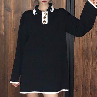 Contrast Trim Mini Polo Sweater Dress Blue - One Size