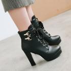 Faux Leather Double Buckles High Heel Ankle Boots