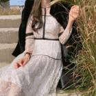 Contrast-trim Sheer Midi Lace Dress Ivory - One Size
