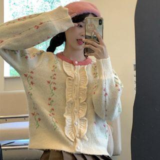 Floral Frill Trim Cardigan Cardigan - Floral - Pink & White - One Size