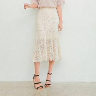Band-waist Lace-overlay Long Flare Skirt