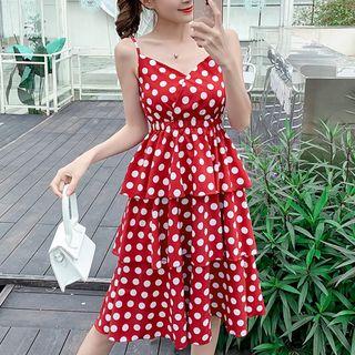 V-neck Dotted Spaghetti Strap A-line Dress