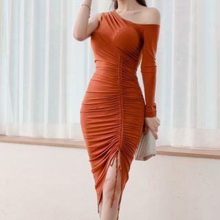 Long-sleeve One-shoulder Drawstring Bodycon Dress