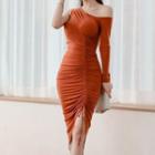 Long-sleeve One-shoulder Drawstring Bodycon Dress