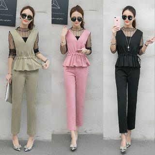 Set: Mesh Panel Long-sleeve Peplum Top + Pants