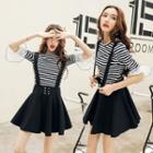 Set: Elbow-sleeve Paneled Striped Top + Buttoned A-line Jumper Skirt