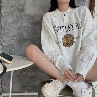 Embroidered Plaid Polo Sweatshirt White - One Size
