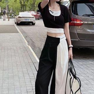 Short-sleeve Mock Two-piece Crop Top / Two Tone Wide Leg Pants / Set