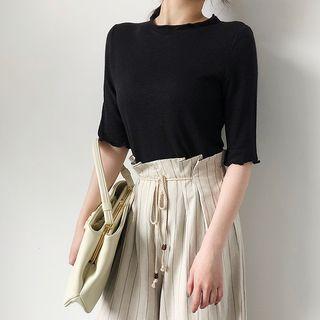 Plain Elbow-sleeve Knit Top White - M