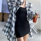 Plain Slim-fit Sleeveless Dress / Plaid Long-sleeve Loose-fit Shirt
