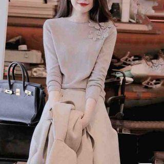 Set: Flower Applique Knit Top + Midi A-line Skirt