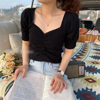 Shirred Short-sleeve Cropped Knit Top