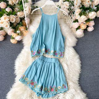 Set: Halter-neck Embroidered Top + Wide-leg Shorts