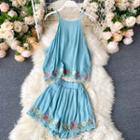 Set: Halter-neck Embroidered Top + Wide-leg Shorts